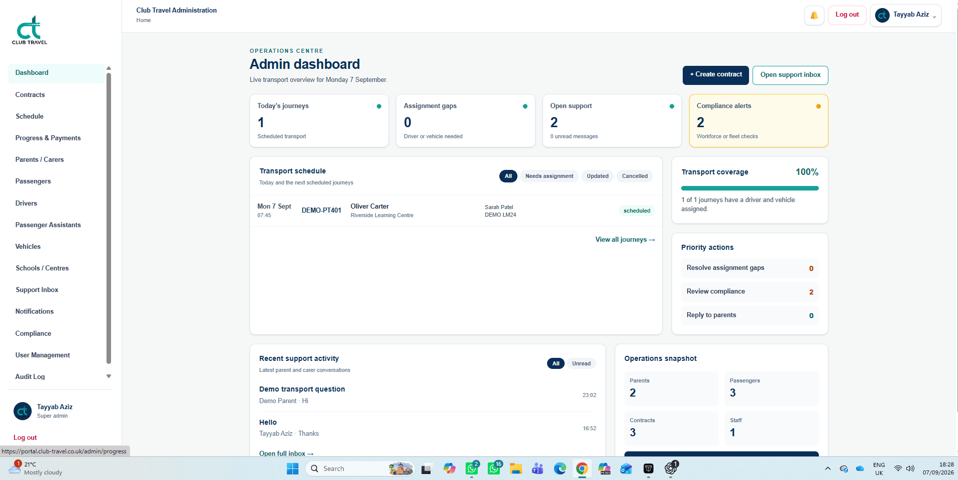 Club-Travel Portal: Transport operations dashboard